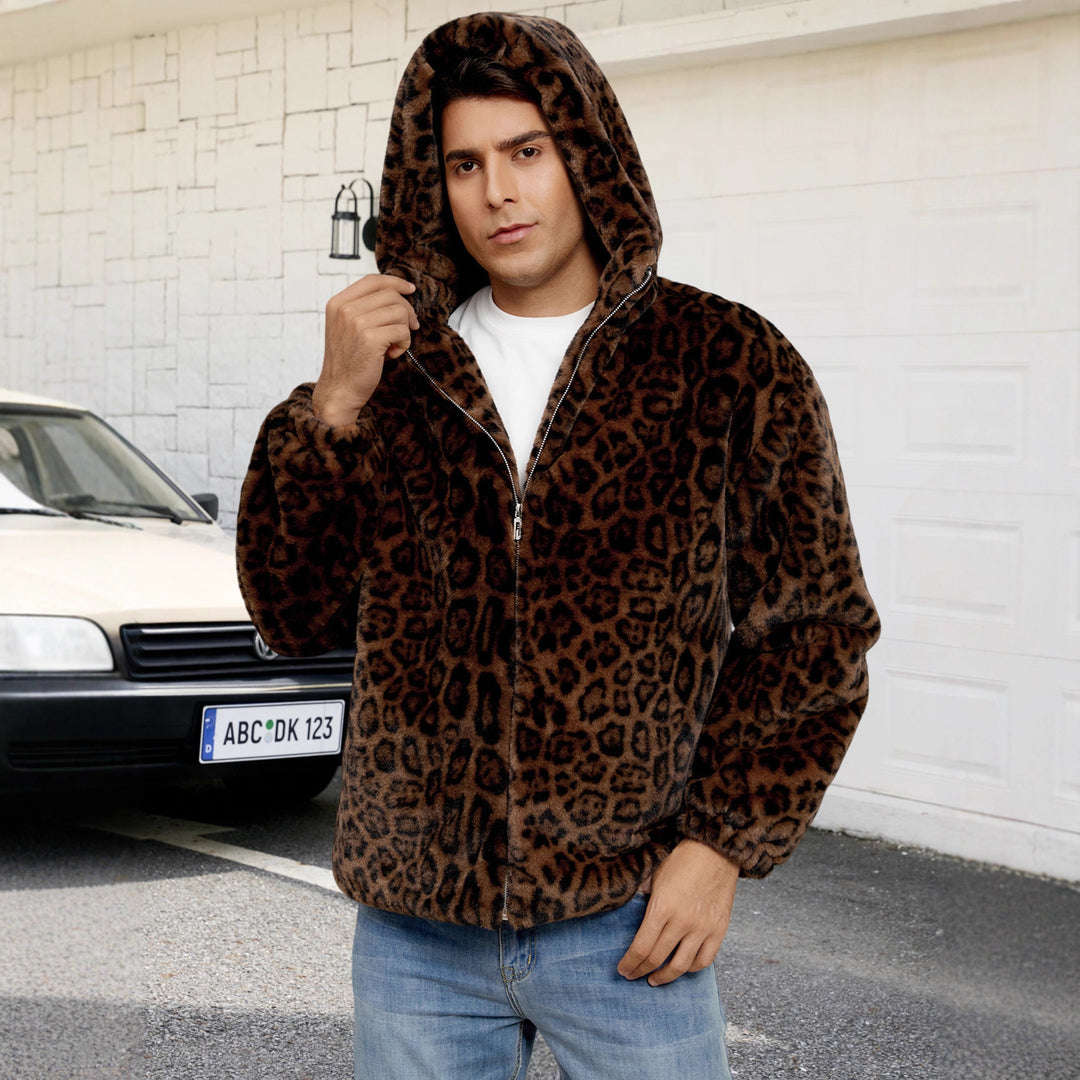 Herren Flauschige Kunstpelzjacke mit modischem Leopardenmuster EB