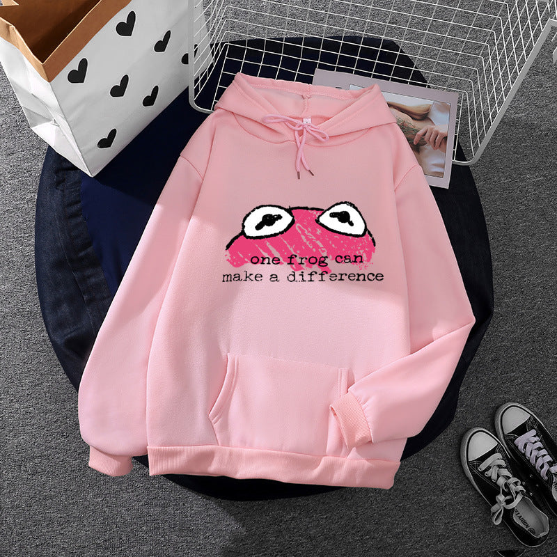 Damen nan relaxed-fit Kapuzenpullover mit gestempelter Froschgrafik, Kängurutasche und Kordelzug EB
