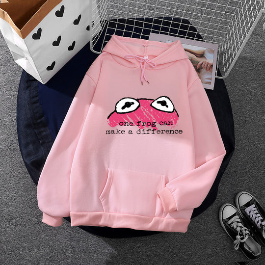 Damen nan relaxed-fit Kapuzenpullover mit gestempelter Froschgrafik, Kängurutasche und Kordelzug EB