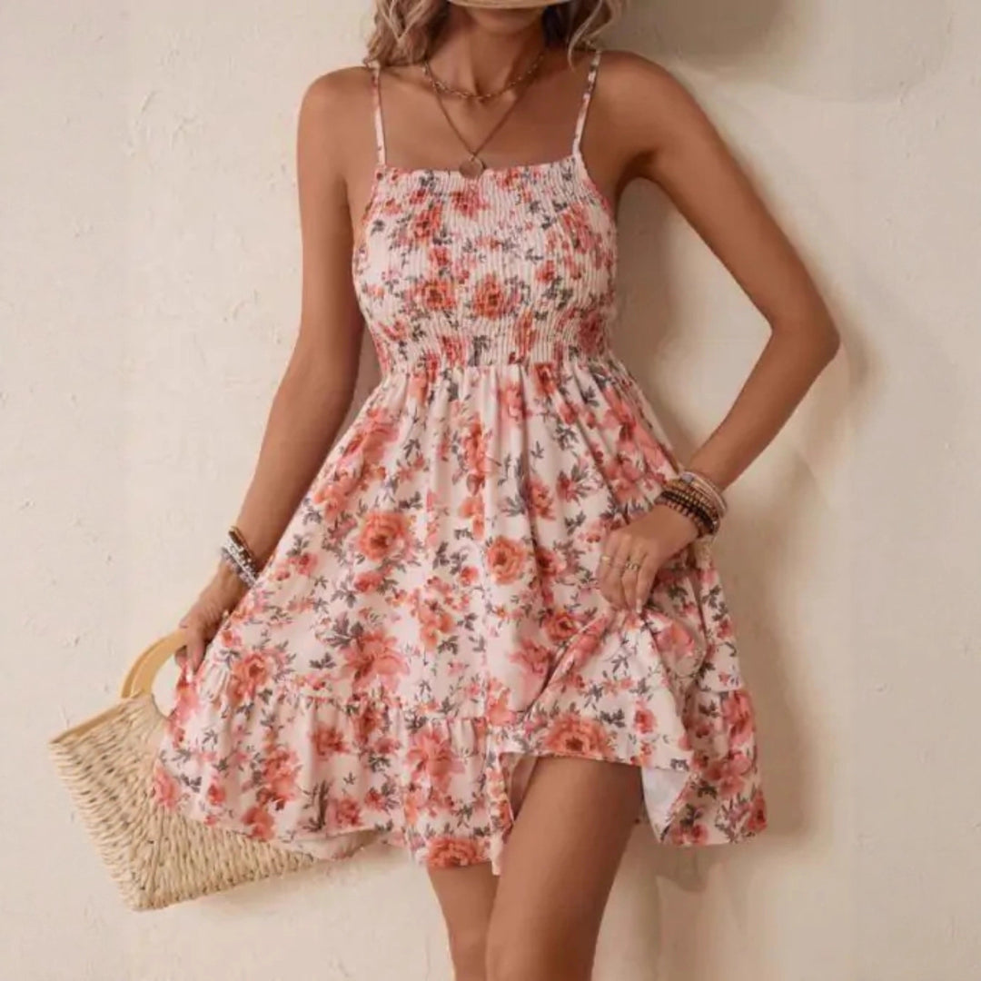 Damen Floral Sommerkleid mit schwingendem Rock und Spaghetti-Trägern R&B