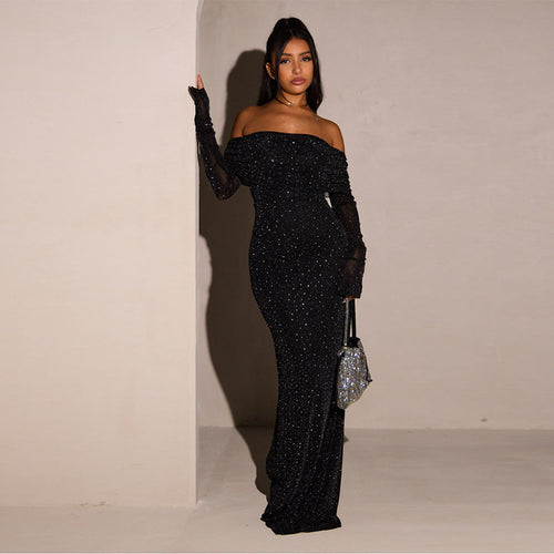 Damen Elegantes schulterfreies Maxikleid mit glitzernden Akzenten EB