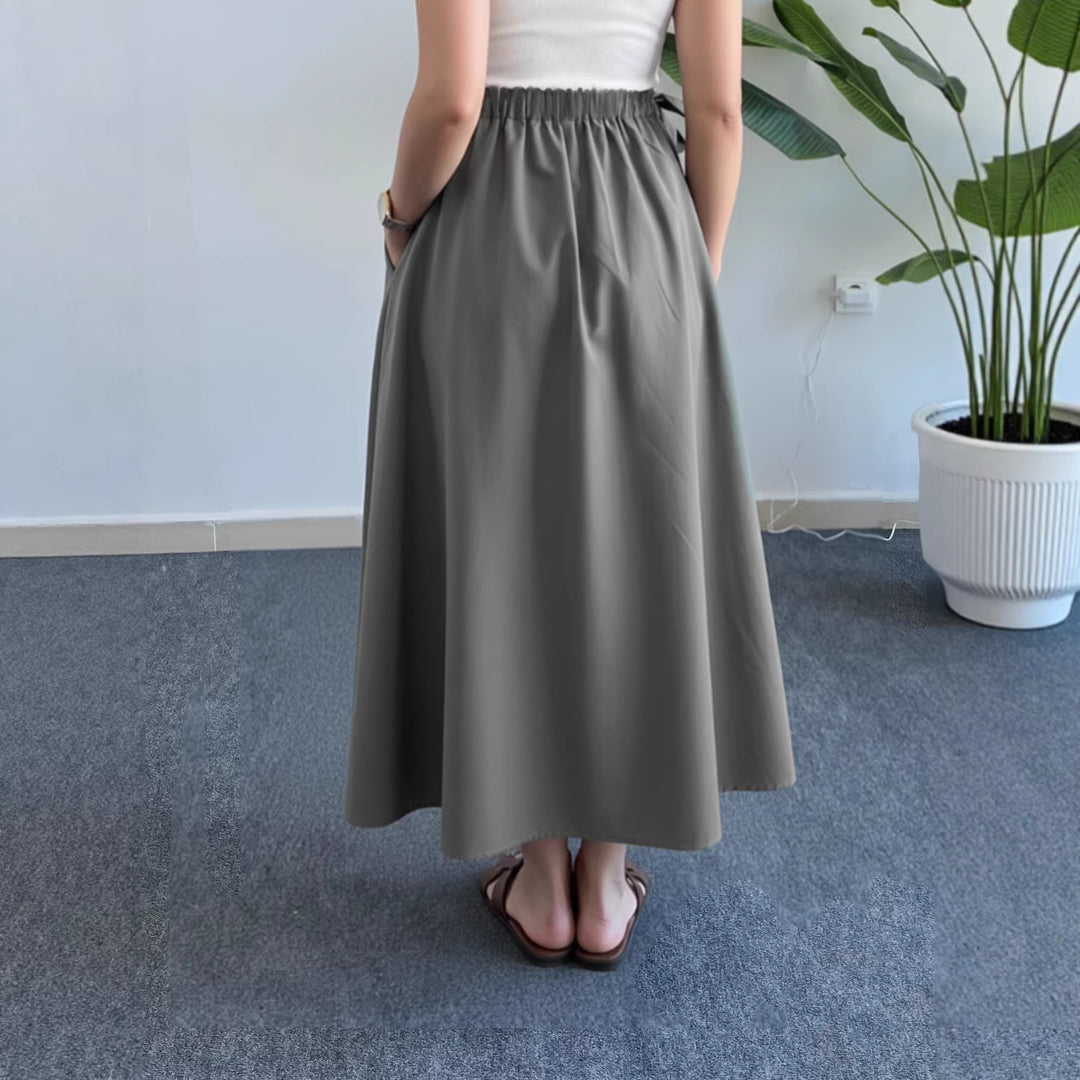 Damen Fließender Midirock mit hohem Smokbund, Bindeschleifen und Eingrifftaschen EB