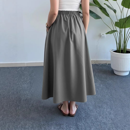 Damen Fließender Midirock mit hohem Smokbund, Bindeschleifen und Eingrifftaschen EB