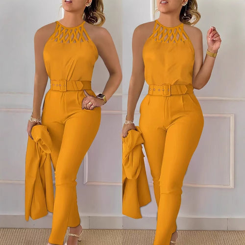 Damen eleganter Jumpsuit mit geflochtenem Trägersystem und tailliertem Schnitt EB
