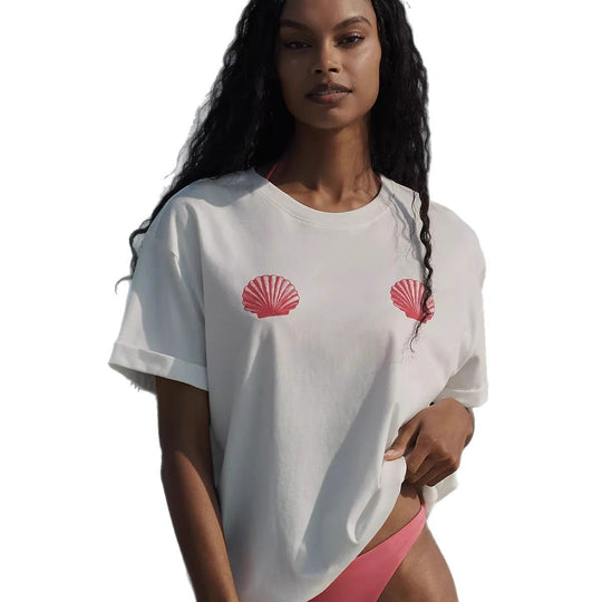 Damen lässiges T-Shirt mit maritimem Muschel-Print und lockerer Passform EB