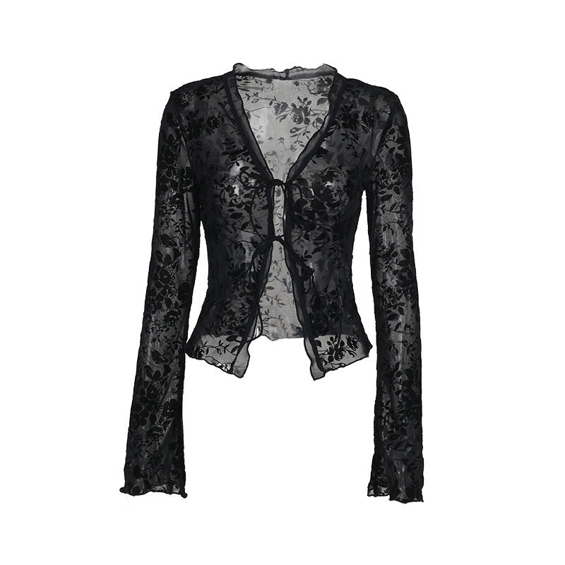 Damen Transparente Spitzenjacke mit floralen Mustern EB