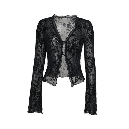 Damen Transparente Spitzenjacke mit floralen Mustern EB