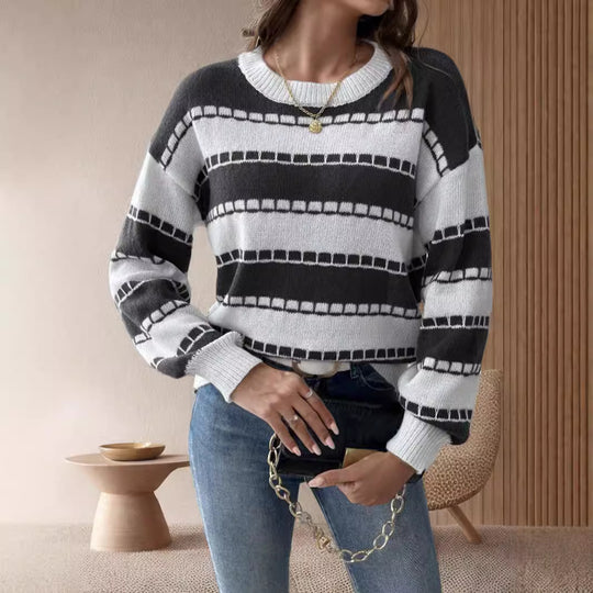 Damen lässiger, gestreifter Pullover mit einem komfortablen Schnitt und dekorativen Details EB