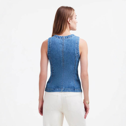 Damen Jeans-Weste mit asymmetrischem Schnitt und dekorativen Knöpfen EB