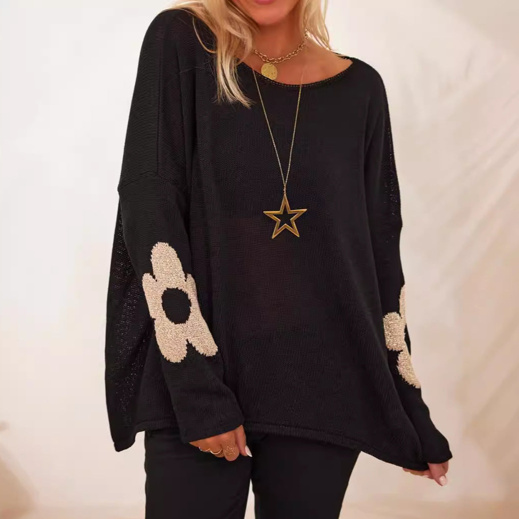 Damen grob gestrickter Pullover mit floralem Design und weitem Schnitt EB