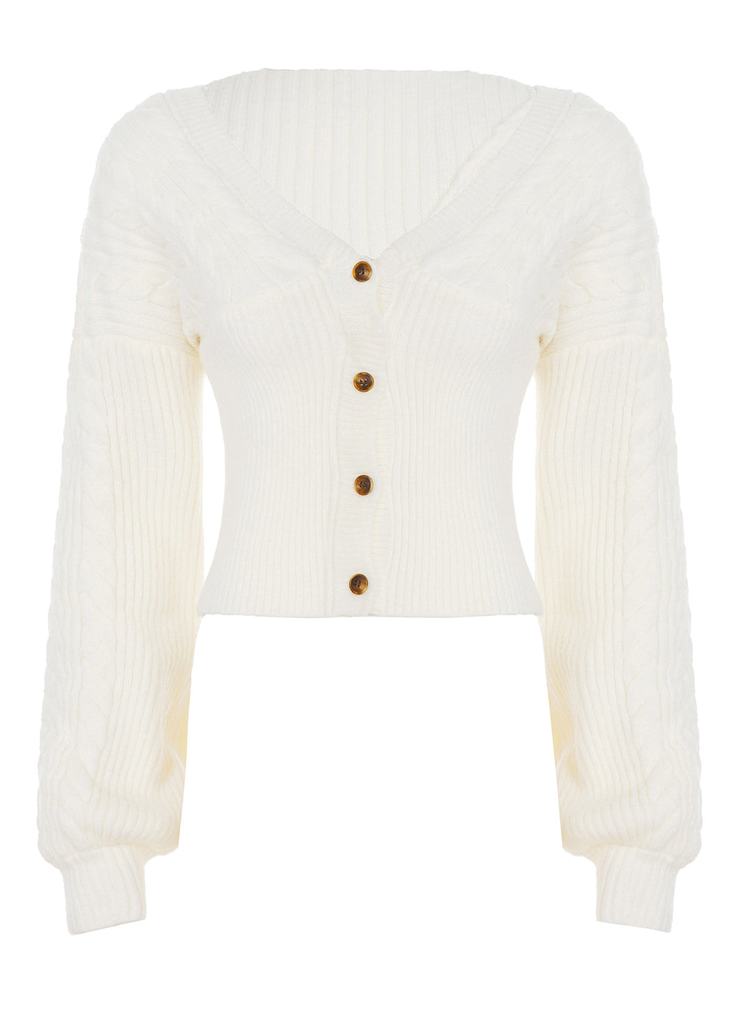 Damen nan taillierter Strickcardigan mit V-Ausschnitt, Zopfmusterärmeln und dekorativen Holzknöpfen EB