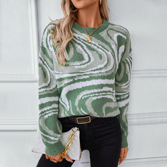 Damen gemusterter Strickpullover mit modernem Wellenmuster und Rundhalsausschnitt EB