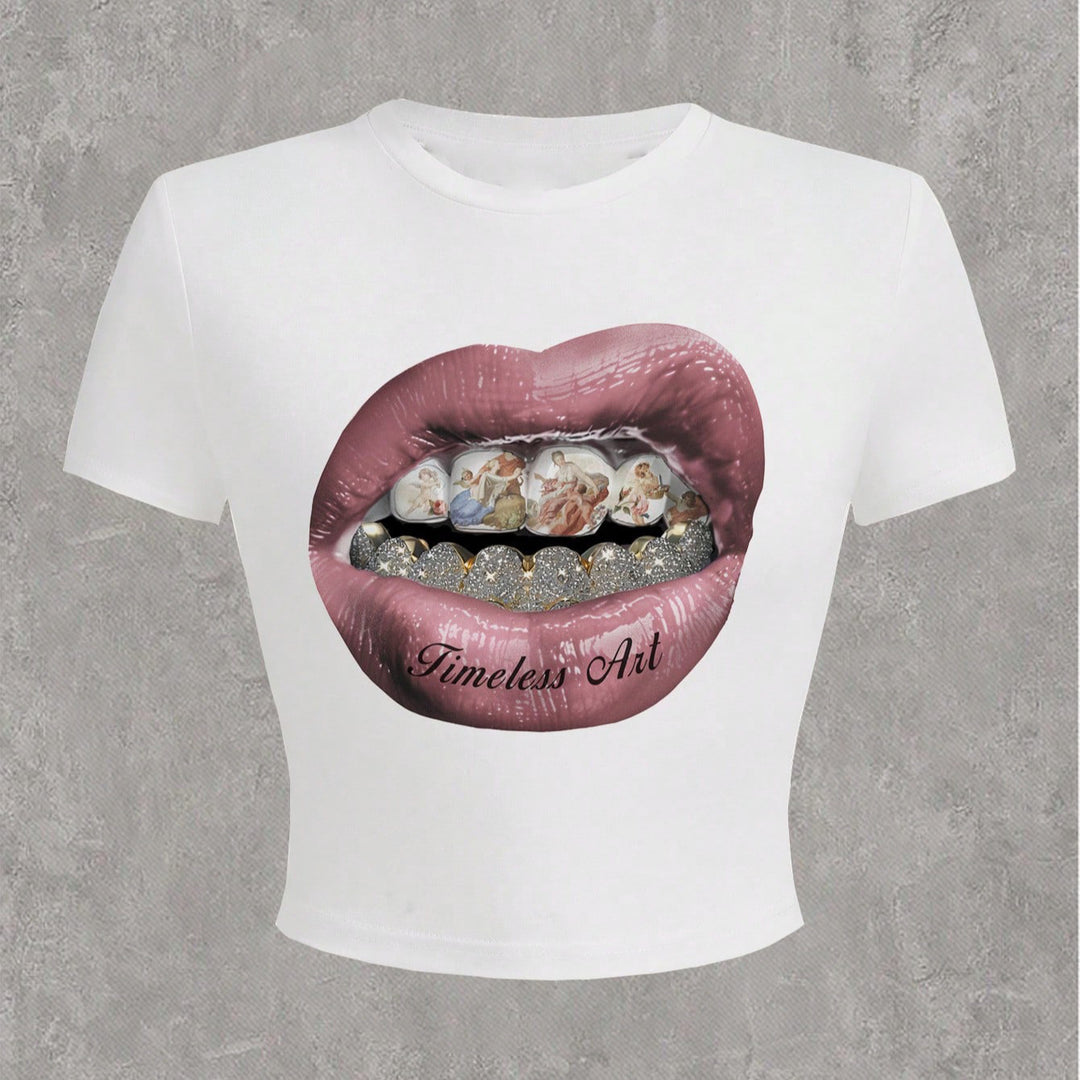 Damen Crop-T-Shirt mit kreativem Grafikdesign und einzigartigem Statement EB