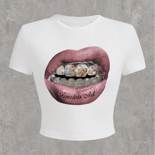 Damen Crop-T-Shirt mit kreativem Grafikdesign und einzigartigem Statement EB