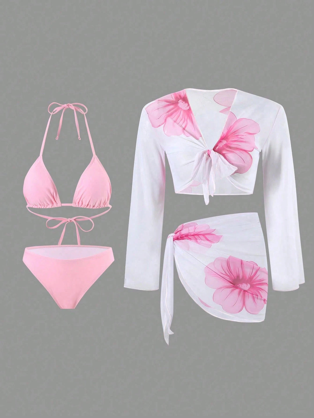 Damen Bikini-Set mit floralem Wickeltuch und langärmliger Oberteile EB