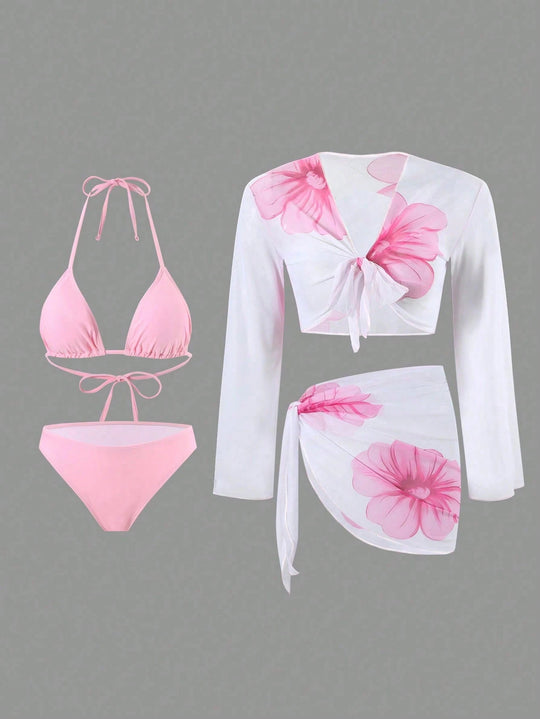 Damen Bikini-Set mit floralem Wickeltuch und langärmliger Oberteile EB