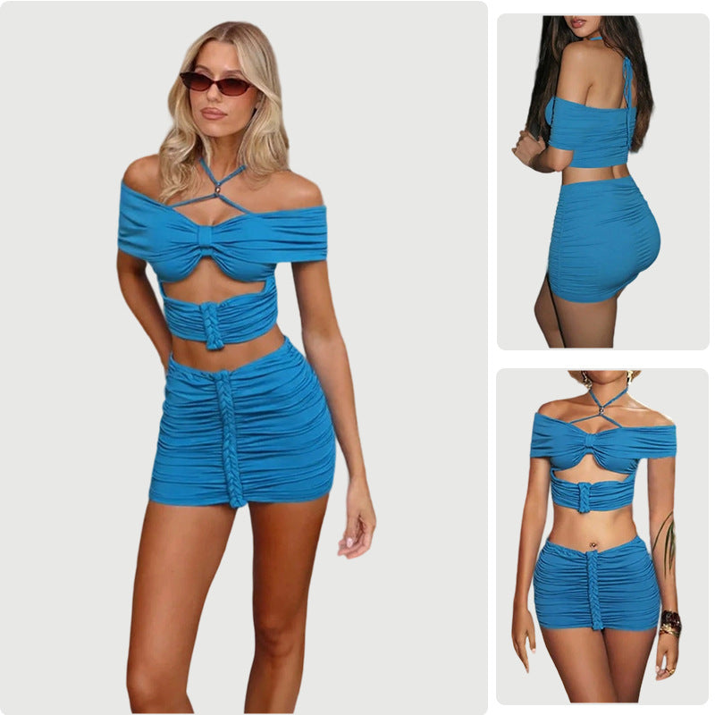 Damen Cropped Oberteil und Minirock Set mit Raffungen und schulterfreiem Design EB