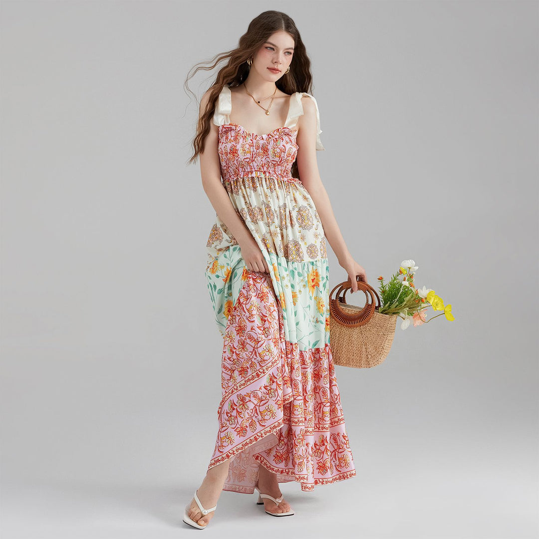 Damen Maxikleid mit floralen Falten und großzügigem A-Linien-Schnitt EB