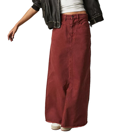 Damen Maxirock aus schwarzem Denim mit seitlichen Taschen und lässigem Schnitt EB