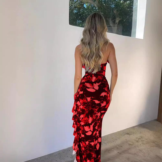 Damen Träger Maxikleid mit verspieltem Rüschen-Ausschnitt und floralem Design EB