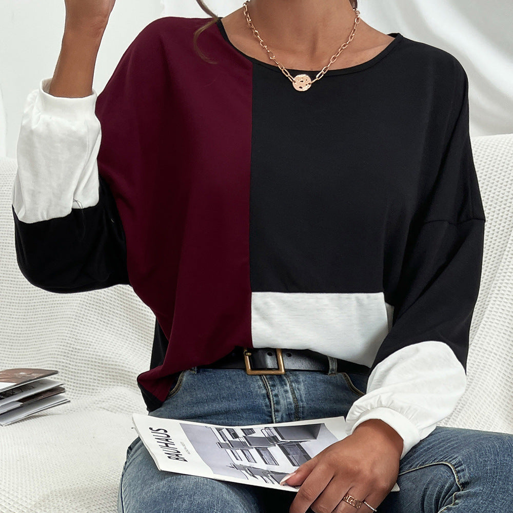 Damen lässiges Oversized T-Shirt mit Farbblockdesign und Rundhalsausschnitt EB