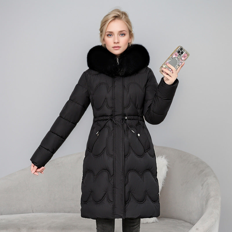 Damen modischer Puffer-Mantel mit abnehmbarem Kunstfellkragen und taillierbarem Gummizug EB