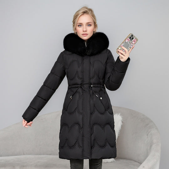 Damen modischer Puffer-Mantel mit abnehmbarem Kunstfellkragen und taillierbarem Gummizug EB