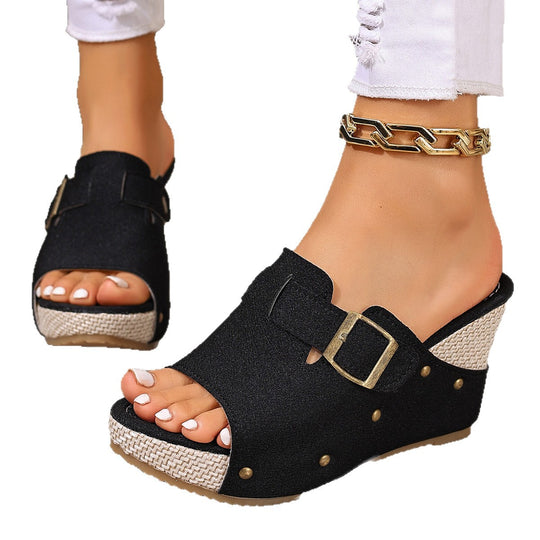 Damen Wedge-Pantoletten mit modischem Schnallen-Design und hochwertigem Obermaterial EB