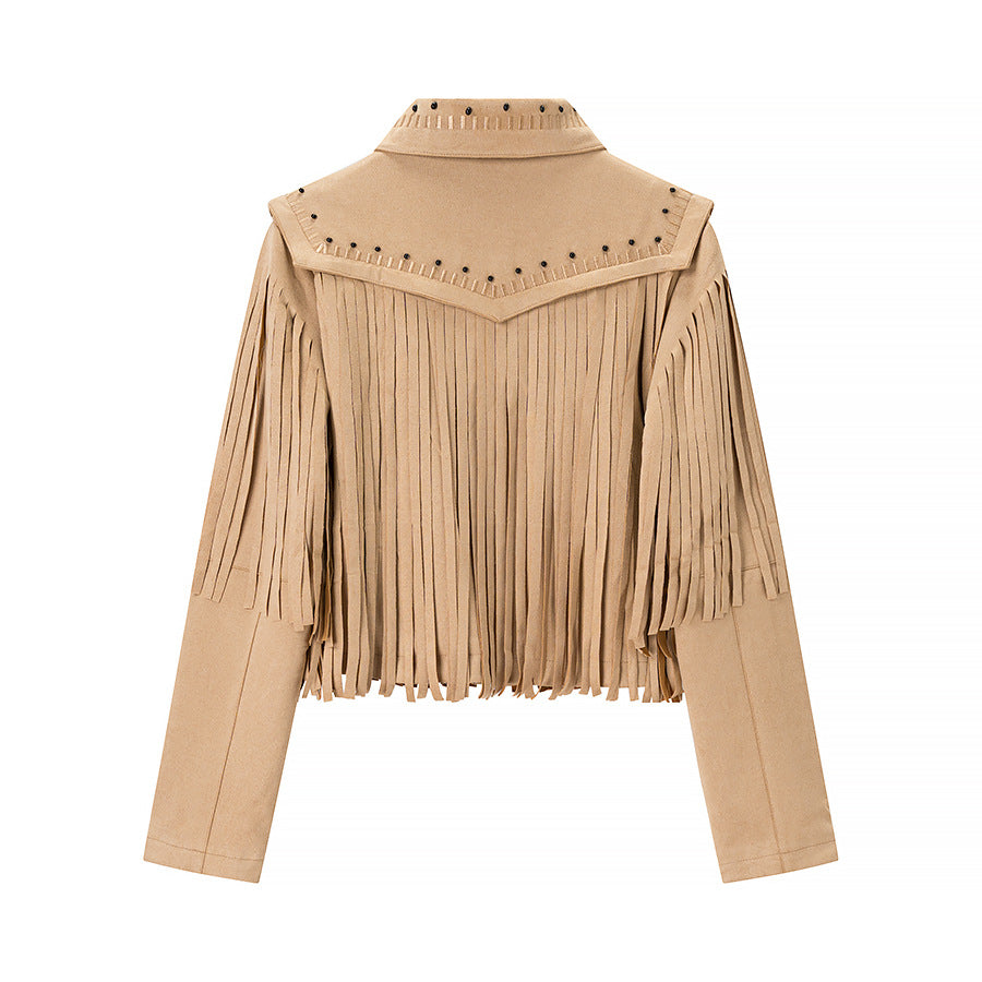 Damen Fransenjacke aus Wildlederimitat mit Zipper und stilvollen Applikationen EB
