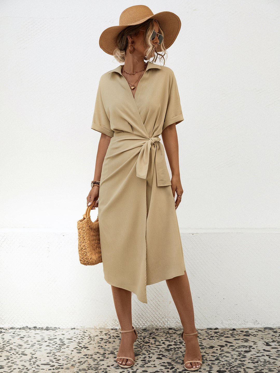 Damen Wickelkleid mit elegantem Kragen und Taillengürtel EB