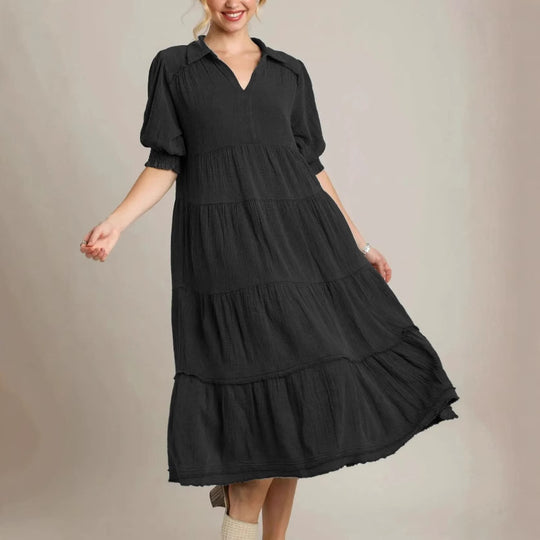 Damen lässiges Maxikleid mit V-Ausschnitt und volumetrischen Ärmeln EB