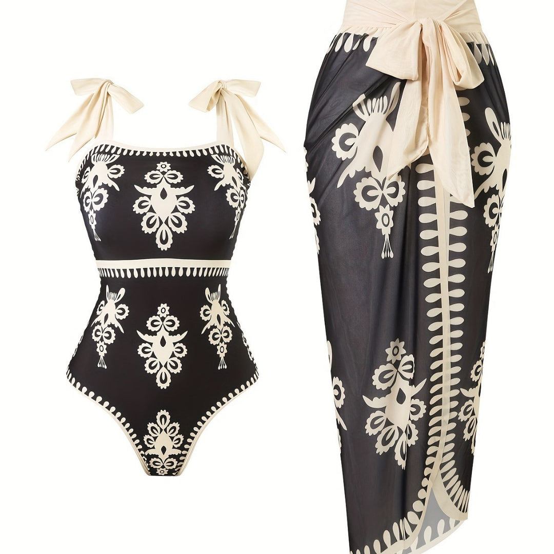 Damen eleganter Badeanzug mit verstellbaren Trägern und modischem Wickelrock EB
