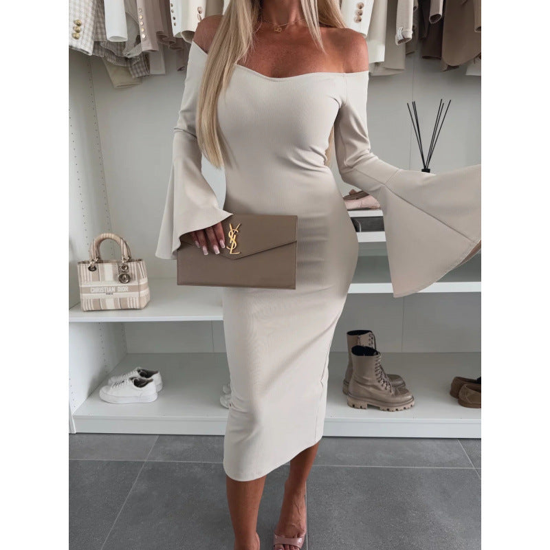 Damen Off-Shoulder Midi Kleid mit weit ausgestellten Ärmeln EB