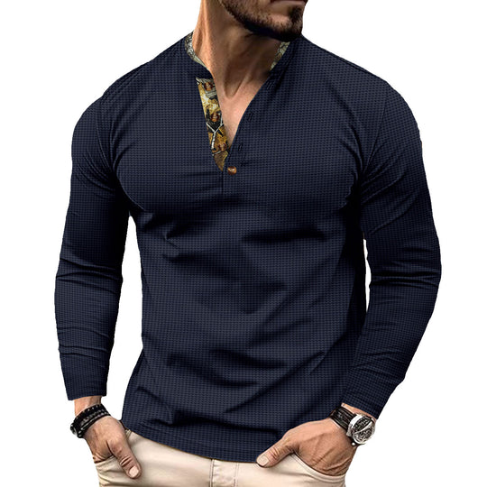Herren nan langärmeliges Henley-Shirt mit Stehkragen und gemustertem Knopfleistenbesatz EB