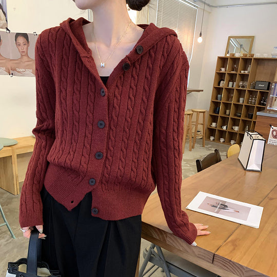 Damen Strickjacke mit Kapuze und Zopfmuster EB