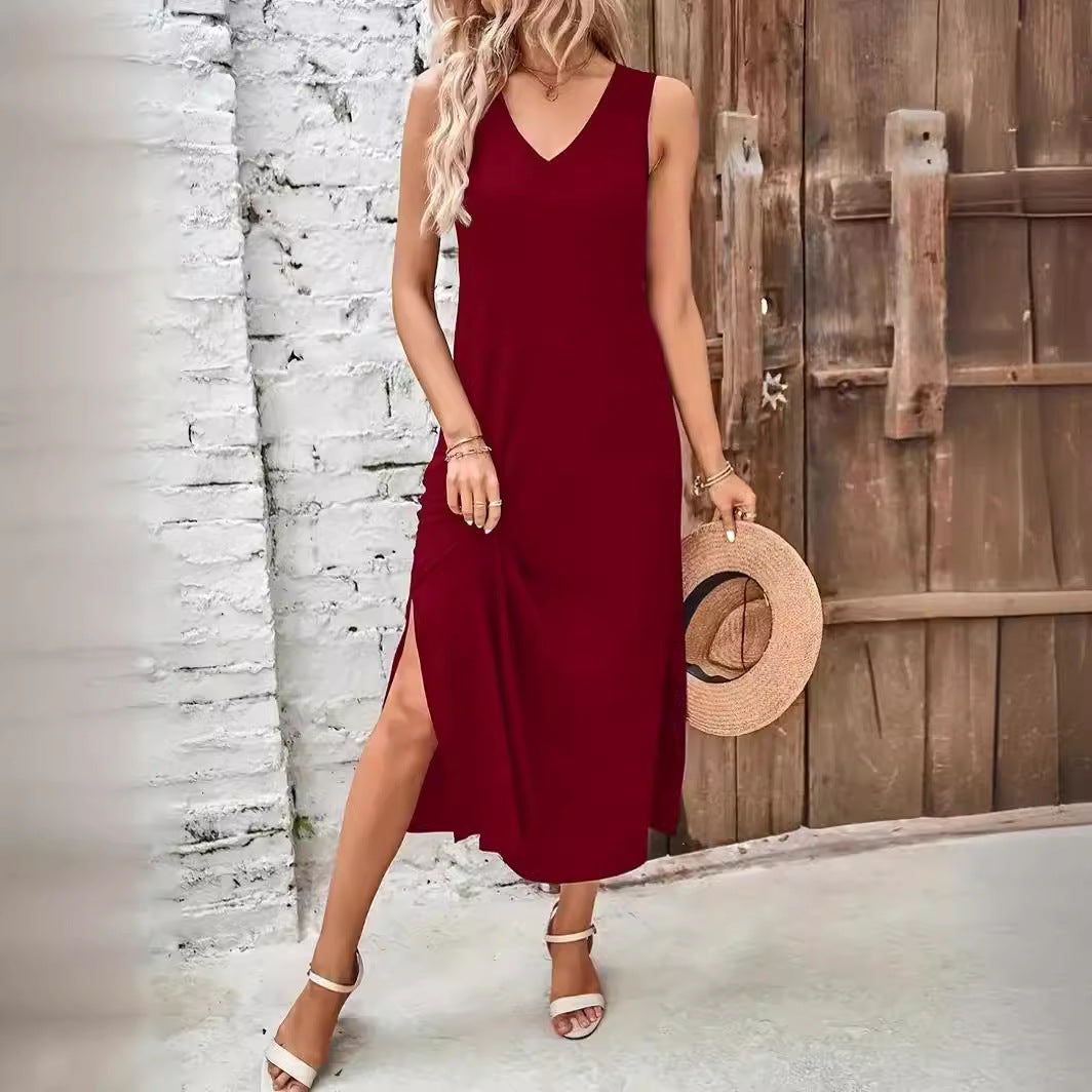 Damen Maxikleid mit V-Ausschnitt und seitlichem Schlitz EB