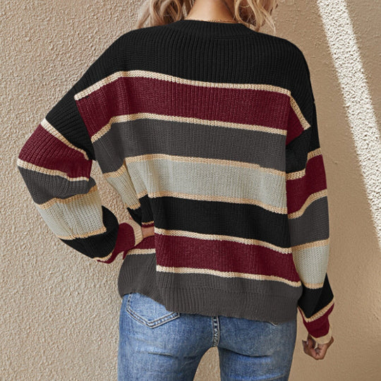 Damen lässiger Grobstrickpullover mit Farbblockmuster und weitem Schnitt EB