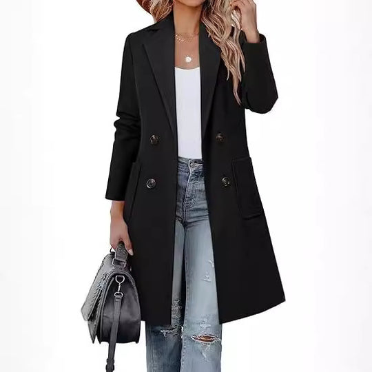 Damen Doppelreihiger Longblazer-Mantel mit aufgesetzten Taschen und taillierter Silhouette EB