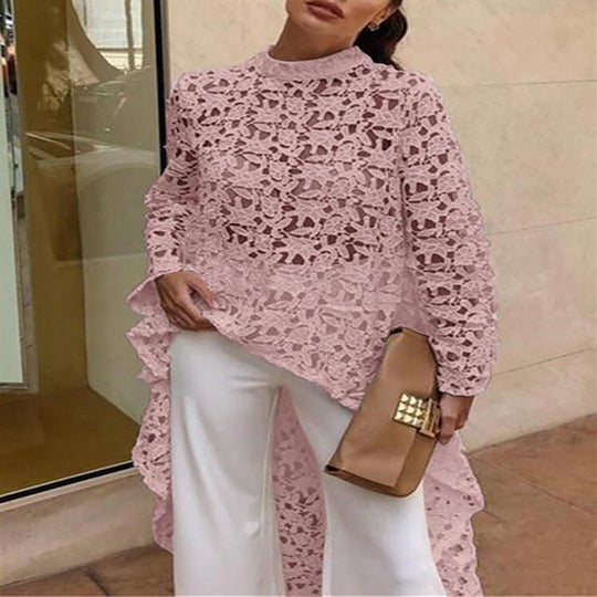 Damen edles Spitzenoberteil mit asymmetrischem Saum und Volant-Details EB
