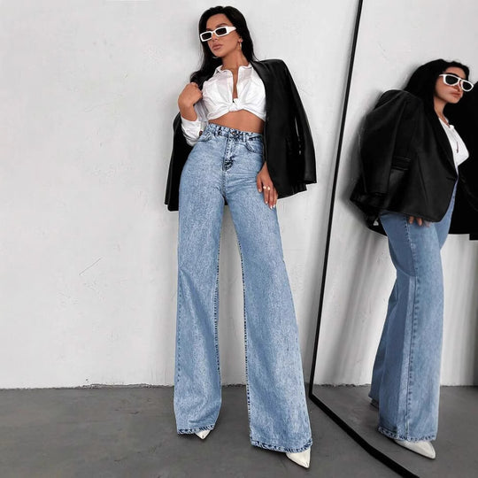 Damen Weite Flared Jeans mit hohem Bund und modischen Rissdetails EB