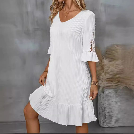 Damen Kurzarm Kleid mit voluminösem Saum und Spitzenärmeln Heidi-Mode