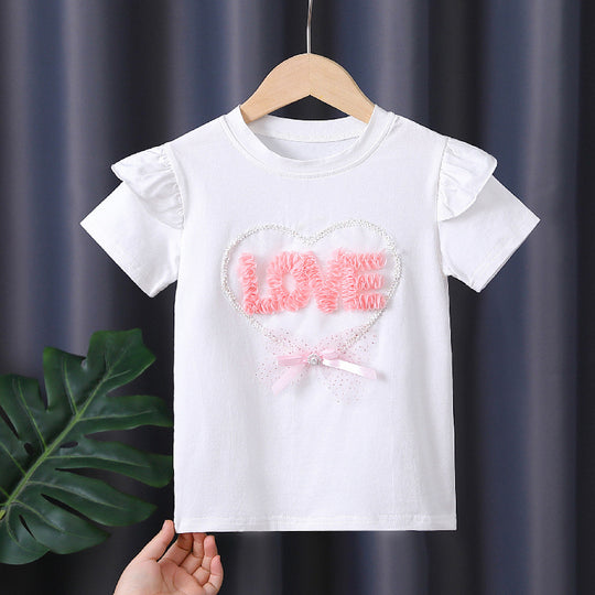 Mädchen T-Shirt mit Rüschendetails und Herzen-Applikation EB