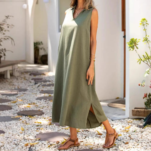Damen Langes Sommerkleid mit klassischem Kragen und seitlichen Schlitzen EB