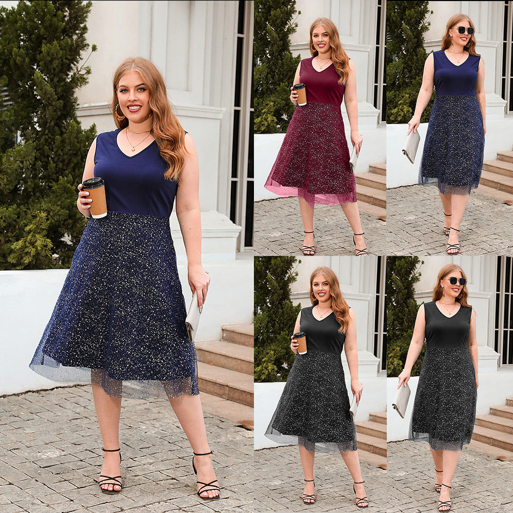 Damen Elegantes Skaterkleid mit modischem V-Ausschnitt und glitzerndem Tüll EB