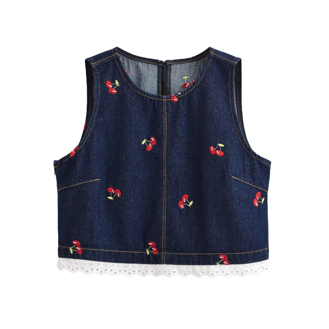 Damen Designer-Cropped-Top mit floralem Stickmuster und Spitzenbesatz EB