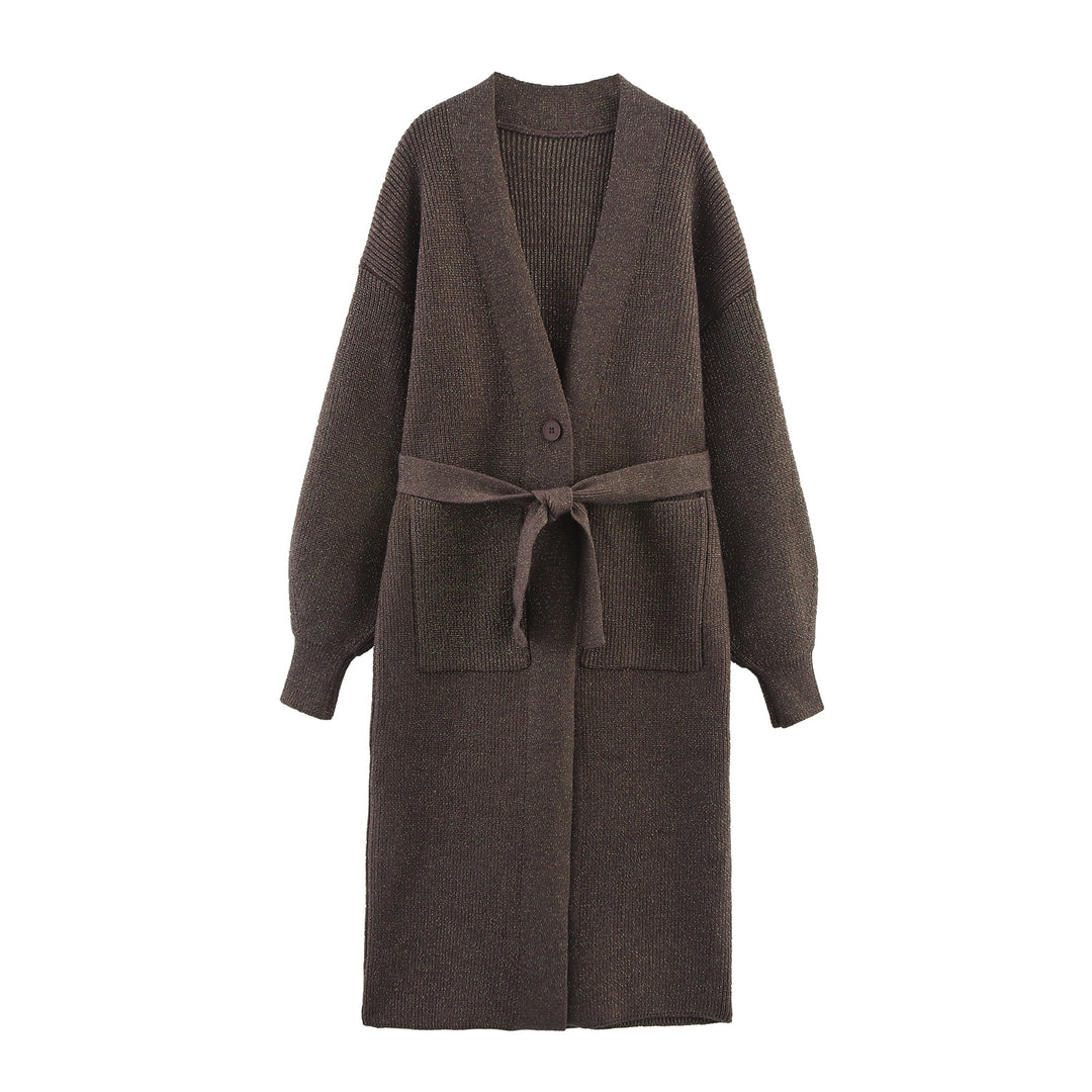 Damen Lange Strickjacke mit Gürtel und Taschen EB
