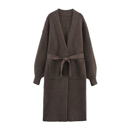 Damen Lange Strickjacke mit Gürtel und Taschen EB