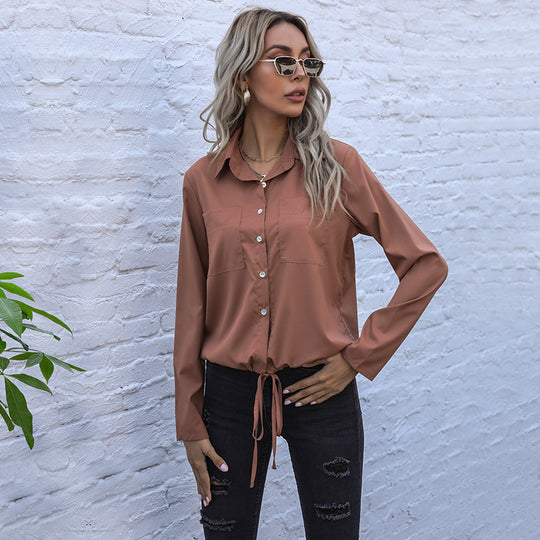 Damen Elegante Bluse mit Krawattenverschluss und Brusttaschen EB