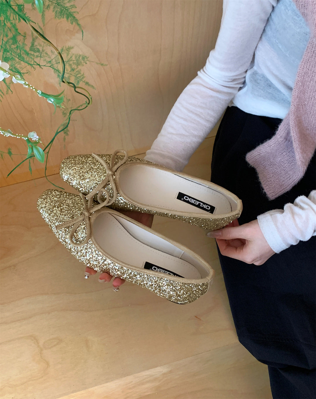 Damen Glitzernde Ballerinas mit eleganter Schleife und komfortabler Innensohle EB