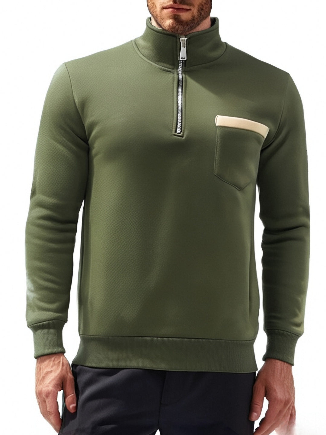 Herren nan feinstrukturiertes Halbzip-Feinstrickpullover mit Stehkragen, Brusttasche und schmaler Silhouette EB